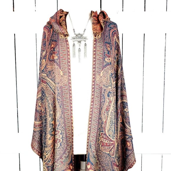 Three Feathers Studio Tops - Hooded orange tribal pashmina kimono cover up